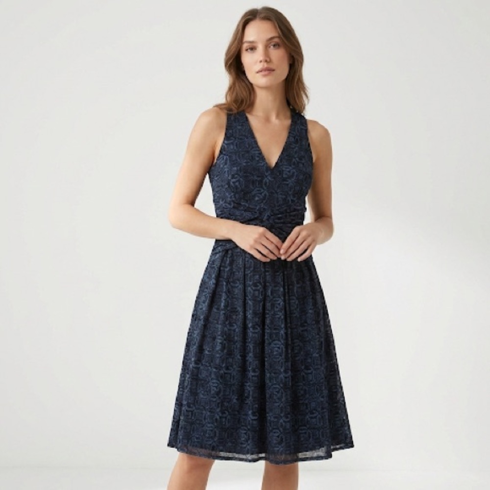 Michael Kors Navy Geometric Ruched Fit & Flare Dress, Size Small